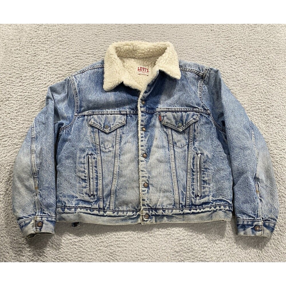 Levi’s Jacket Mens 46R Blue Denim Sherpa Lined Trucker Snap Button 80s VTG USA